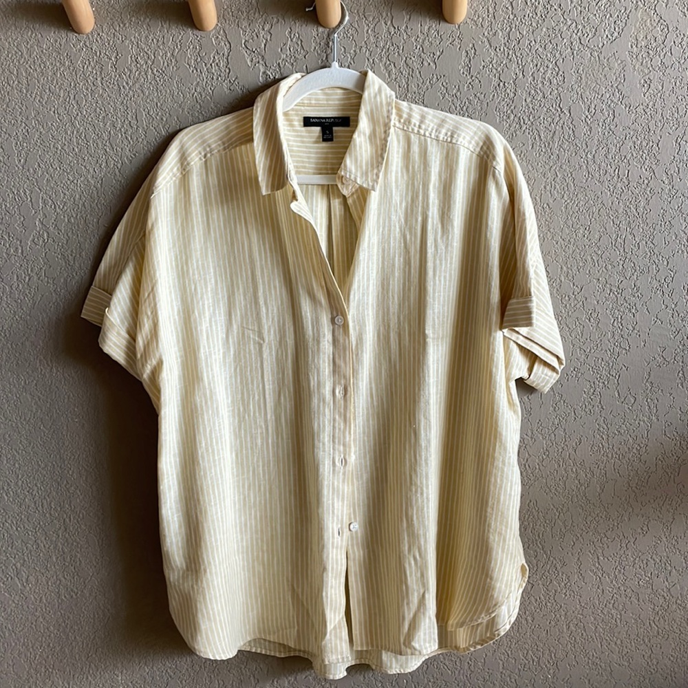 Yellow and white striped linen button up